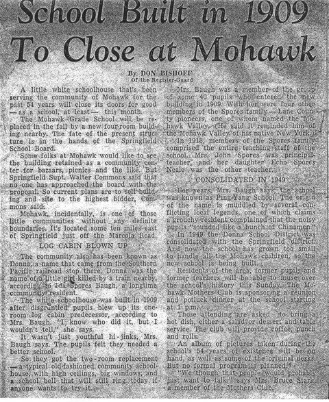 1963 Register Guard article ping yang school to close